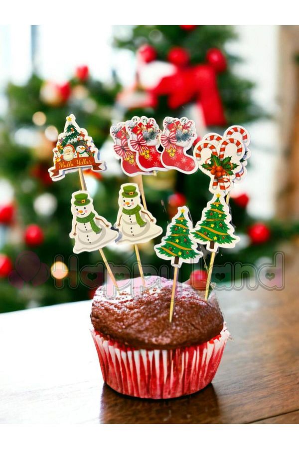 Yılbaşı Kürdan Süs Lüks Yeni 12 Adet Yeni Yıl Cupcake Kürdan Süs