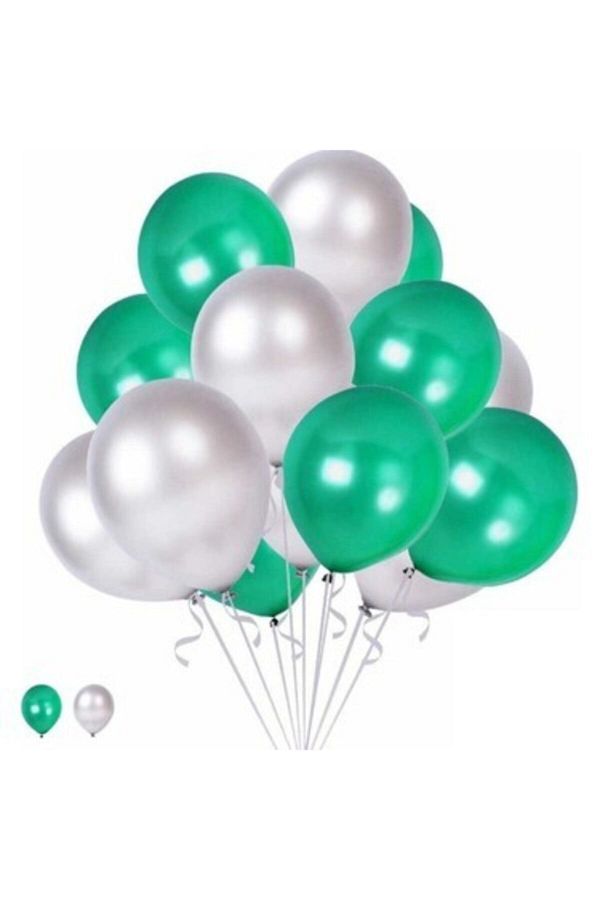 15 Mint Yeşili 15 Gümüş Konsept Balonlar Metalik Parlak 30-35 cm