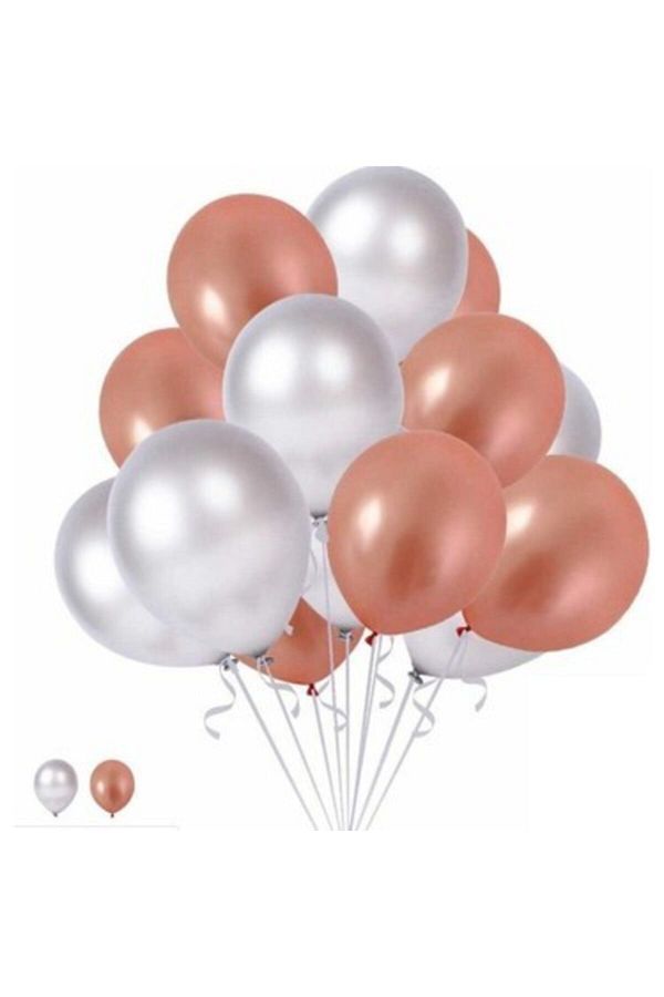 15 Pudra Pembe 15 Gümüş Konsept Balonlar Metalik Parlak 30-35 cm
