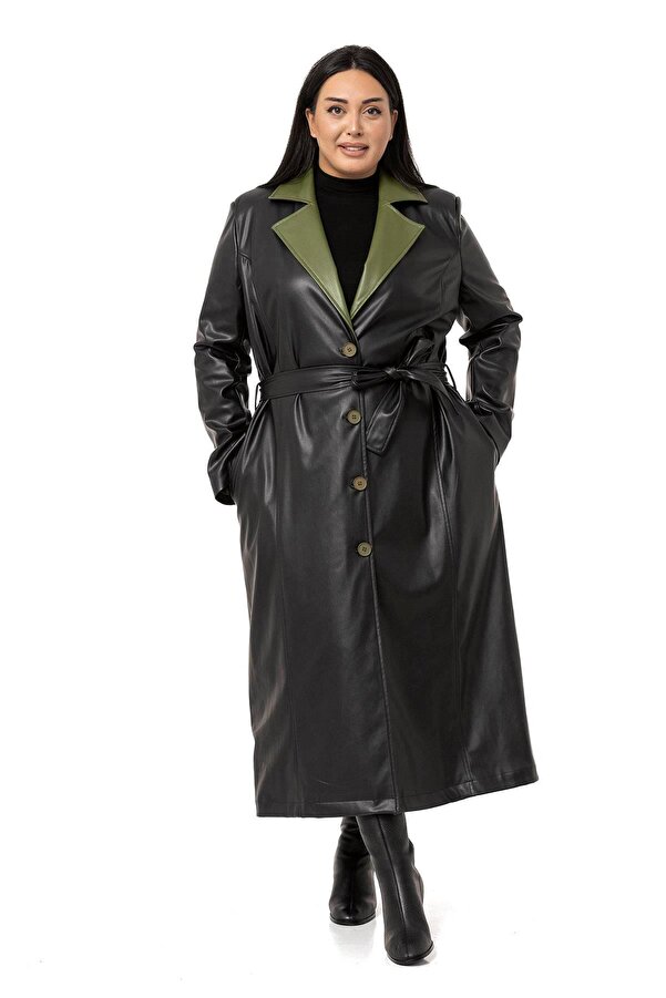 Collar Contrast-panel Side with Pockets Lined Leather-look Long Coat — Black