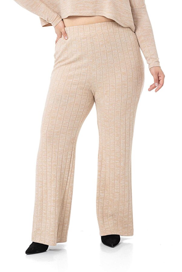 Wide-leg Elastic-waist Ribbed Knit Trousers — Beige
