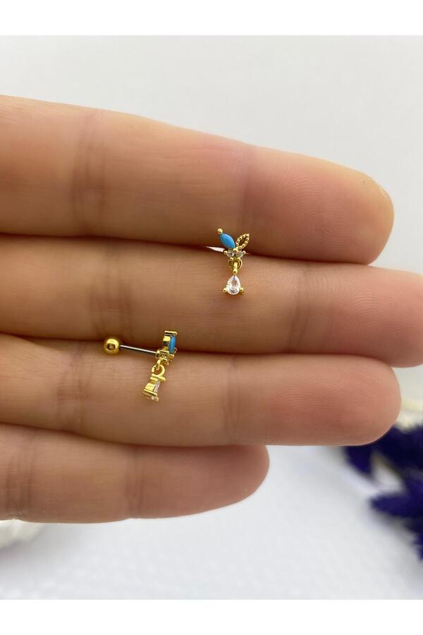 ZİRKON TAŞLI KELEBEK FİGÜRLÜ TRAGUS KIKIRDAK KULAK MEMESİ HELİX UYUMLU PİERCİNG KÜPE