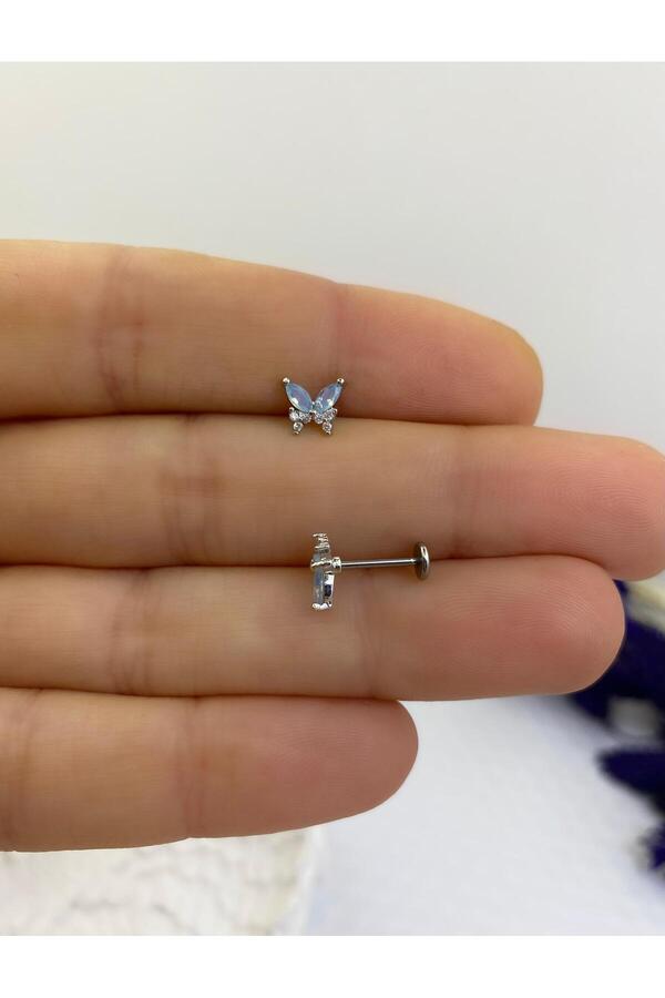 ZİRKON TAŞLI KELEBEK ARKASI DÜZ ÖNDEN TAKMALI TRAGUS HELİX KIKIRDAK UYUMLU 1 ADET PİERCİNG KÜPE