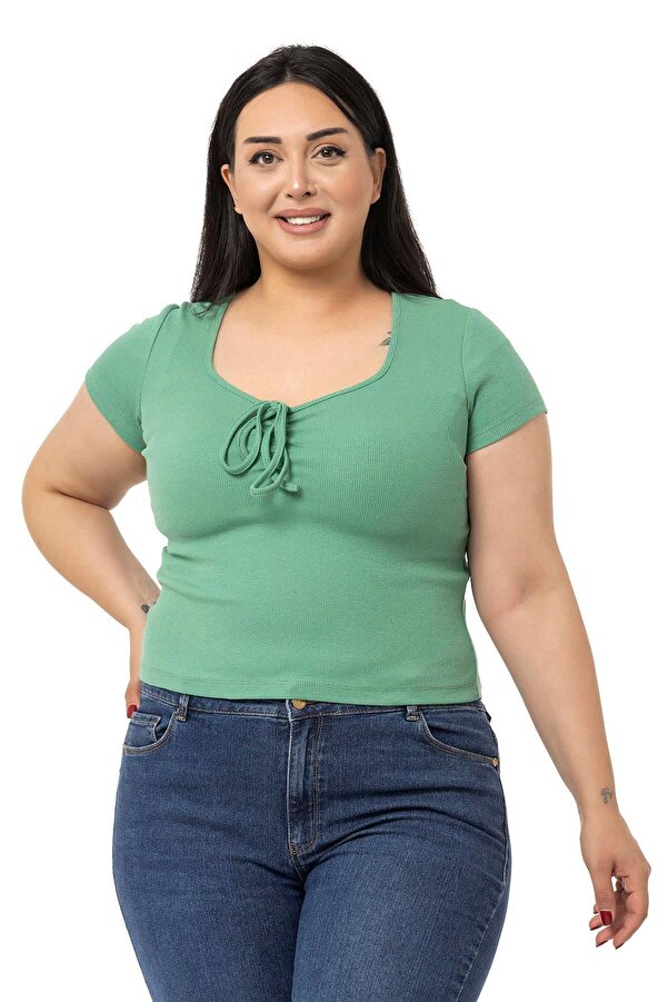 Half Sleeve Chest Drawstring Detail Ribbed-jersey Bodysuit — Green