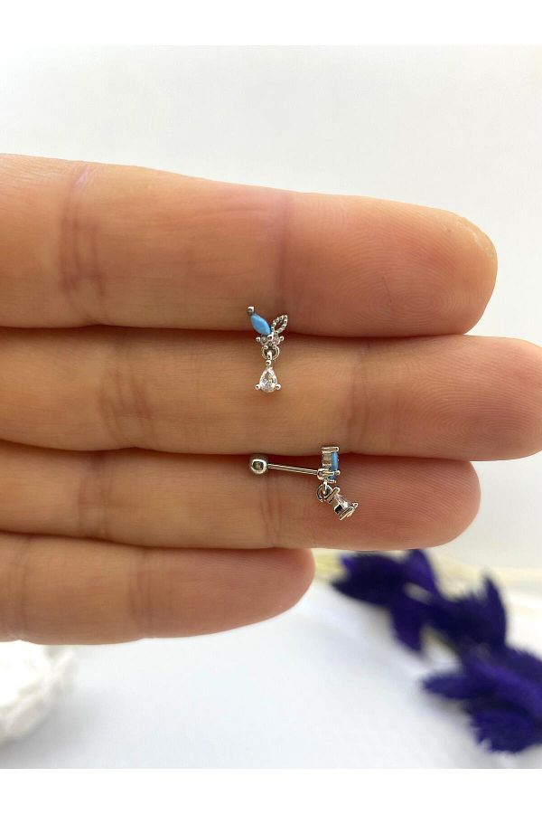 ZİRKON MAVİ TAŞLI TRAGUS HELİX KIKIRDAK KULAK MEMESİ UYUMLU 1 ADET PİERCİNG KÜPE