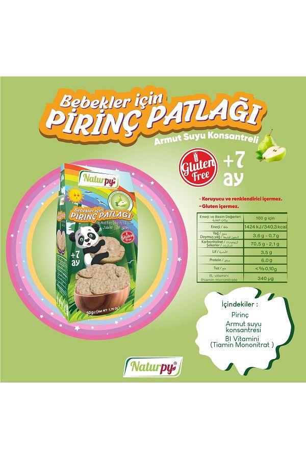 Glutensiz Bebekler İçin Pirinç Patlağı 50 g Armut Suyu Konsantreli