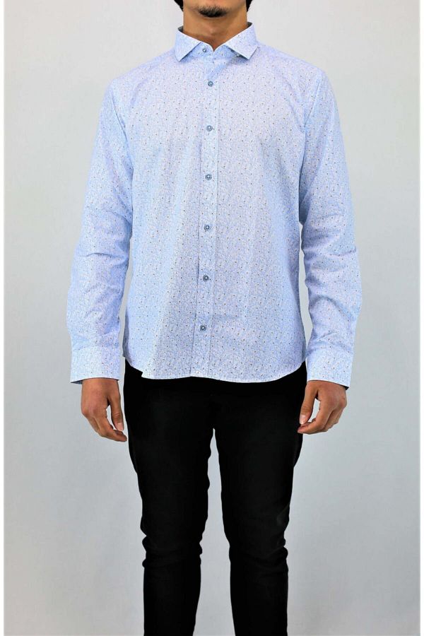 Erkek Beyaz Mavi Yaprak Desenli Slim Fit Gömlek Fahrettin Moda