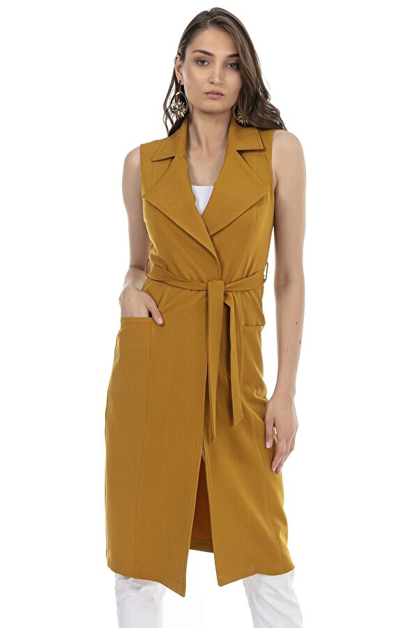 Classic Neck Midi Length with Pockets & Belted Vest — Mustard