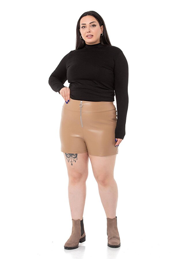 Zip Fastened Leather-look Shorts — Mink