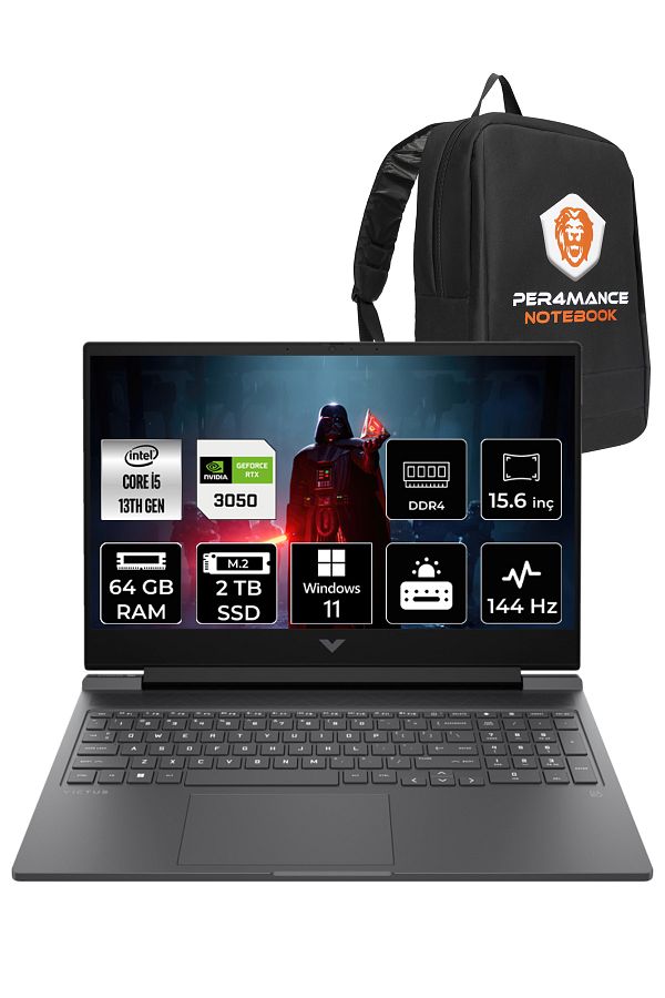 HP Victus 15 i5-13500H 64GB 2TB SSD RTX3050/6GB 144HZ 15.6'' FHD W11PRO 8W8A2EA & PER4 ÇANTA