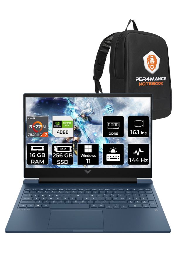 HP Victus 16 Ryzen 7 7840HS 16GB 256GB SSD RTX4060/8GB 144HZ 16.1" FHD W11H 7Z586EA & PER4 ÇANTA