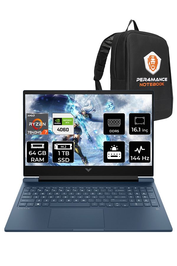 HP Victus 16 Ryzen 7 7840HS 64GB 1TB SSD RTX4060/8GB 144HZ 16.1" FHD FDOS 7Z586EA & PER4 ÇANTA