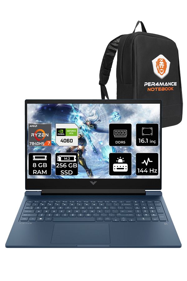 HP Victus 16 Ryzen 7 7840HS 8GB 256GB SSD RTX4060/8GB 144HZ 16.1" FHD FDOS 7Z586EA & PER4 ÇANTA