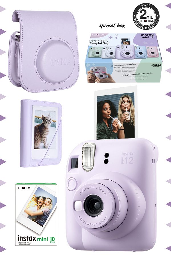 Fujifilm Instax Mini 12 Lila Fotoğraf Makinesi-10'lu Film-Mini Albüm ve Deri Kılıf Seti