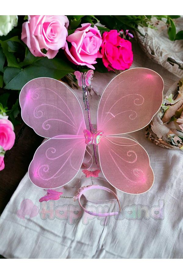 Pembe Kelebek Kanadı Taç Asa Set Çocuk Kostüm Kelebek Kanadı Seti