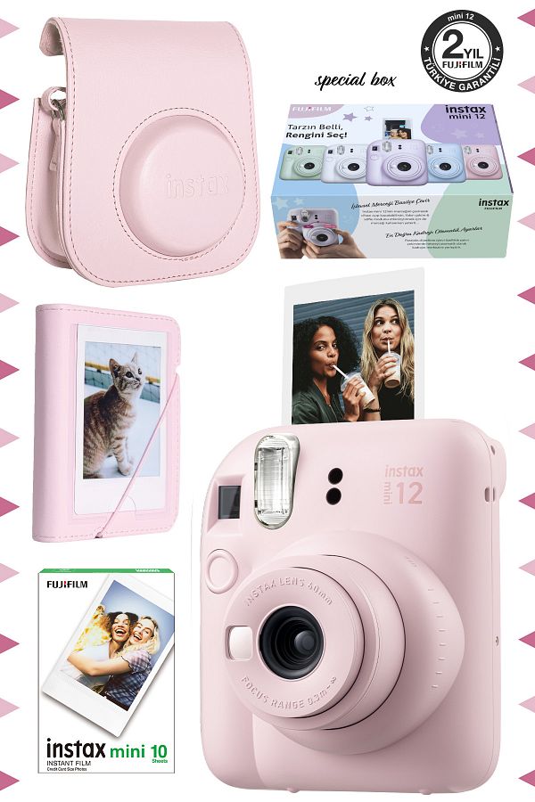 Fujifilm Instax mini 12 Pembe Fotoğraf Makinesi-10'lu Film-Mini Albüm ve Deri Kılıf Seti