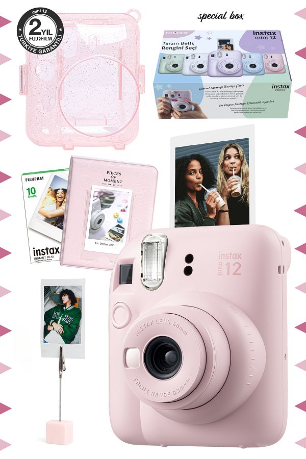 Fujifilm Instax mini 12 Pembe Fotoğraf Makinesi-10'lu Film-Kıskaçlı Stand-PVC Albüm ve Simli Pleksi Kılıf Set