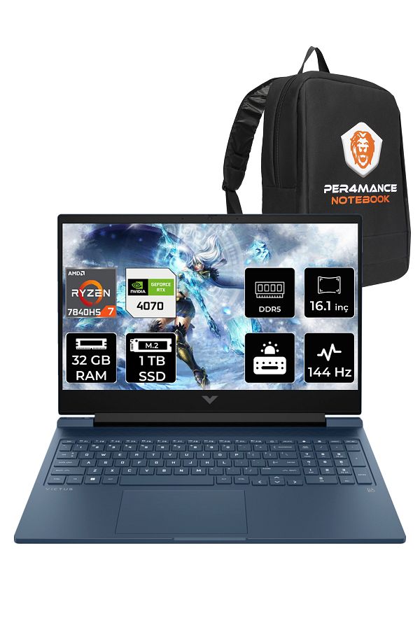 HP Victus 16 Ryzen 7 7840HS 32GB 1TB SSD RTX4070/8GB 144HZ 16.1" FHD FDOS 8W8A7EA & PER4 ÇANTA