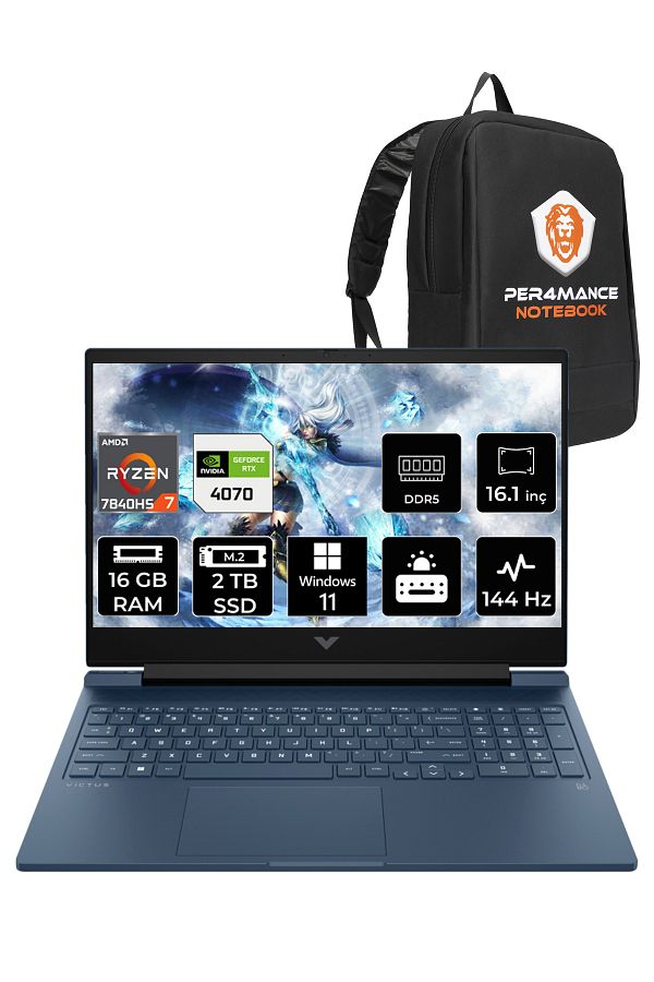 HP Victus 16 Ryzen 7 7840HS 16GB 2TB SSD RTX4070/8GB 144HZ 16.1" FHD W11H 8W8A7EA & PER4 ÇANTA