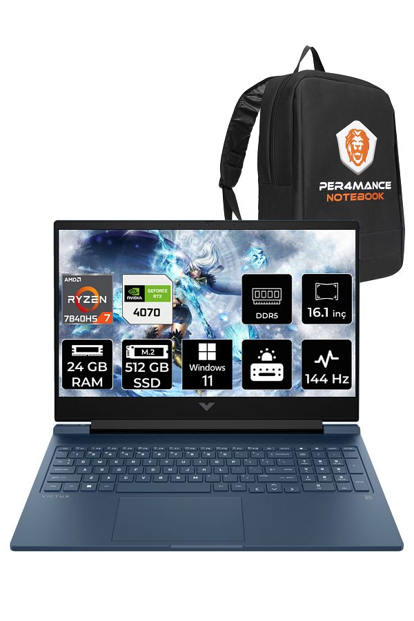 HP Victus 16 Ryzen 7 7840HS 24GB 512GB SSD RTX4070/8GB 144HZ 16.1" FHD W11H 8W8A7EA & PER4 ÇANTA