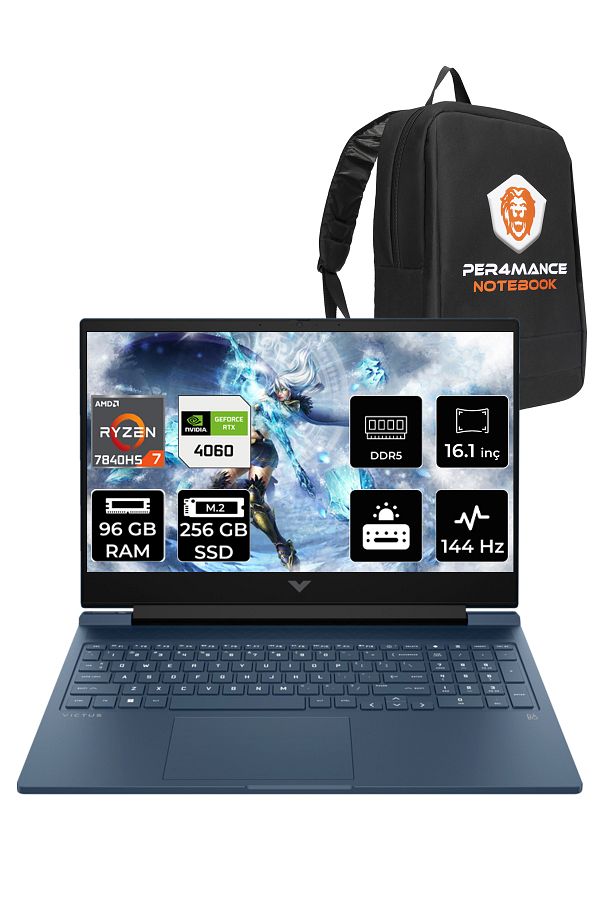 HP Victus 16 Ryzen 7 7840HS 96GB 256GB SSD RTX4060/8GB 144HZ 16.1" FHD FDOS 7Z586EA & PER4 ÇANTA