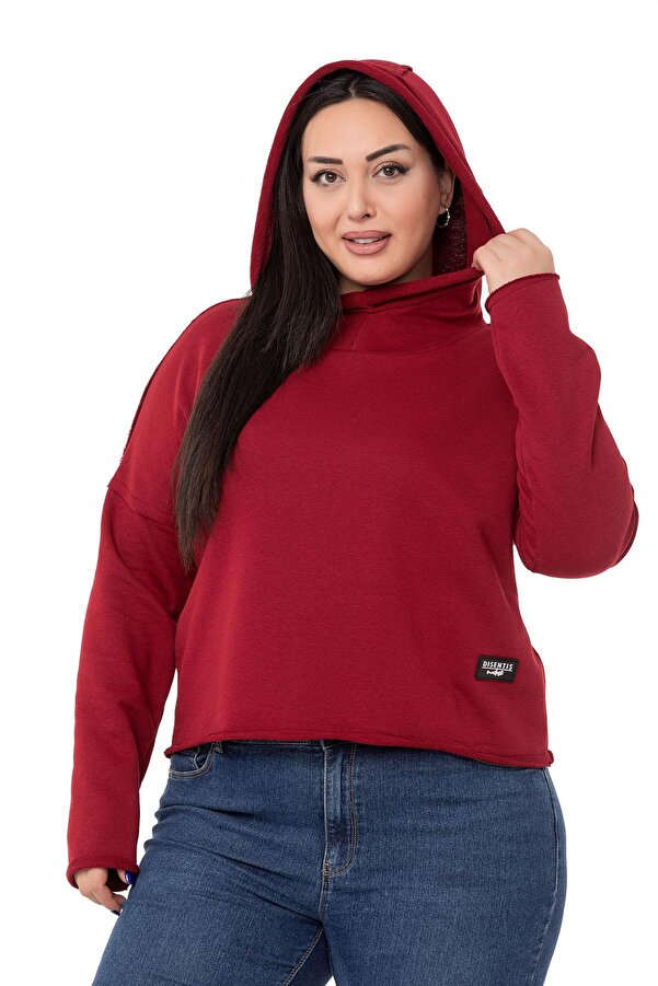 Hooded Drop Sleeve Contrast-stitch Three-thread Sweatshirt — Burgundy