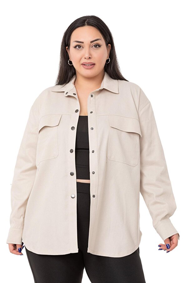 Flap-detail with Pockets Popper-fastening Gabardine Shirt Jacket — Beige