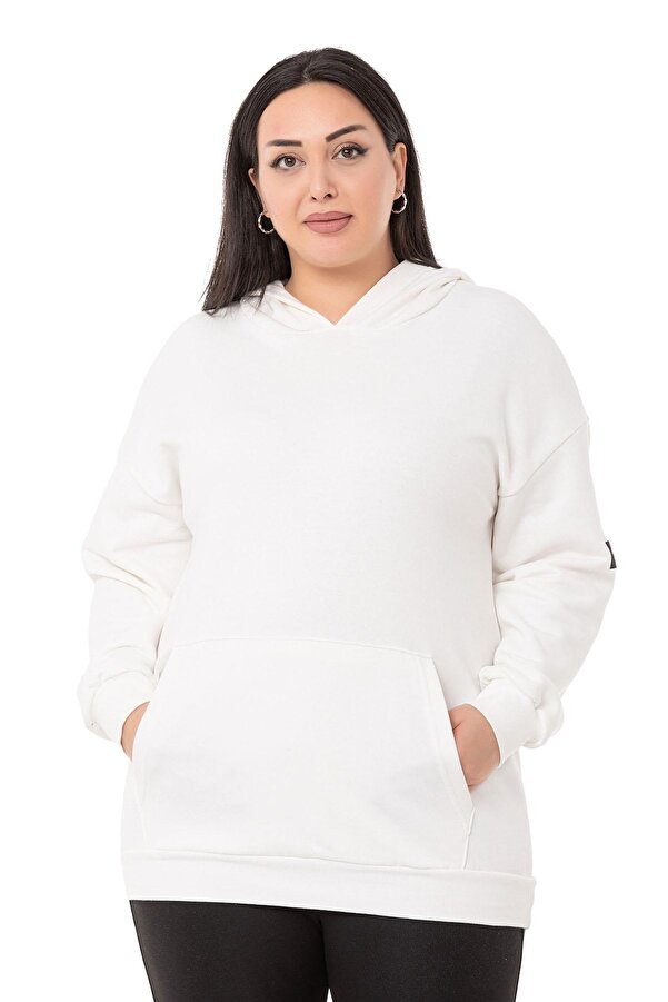 Sırtında Yazı Detail Hooded Kangaroo-pocket with Pockets Three-thread Sweatshirt — White