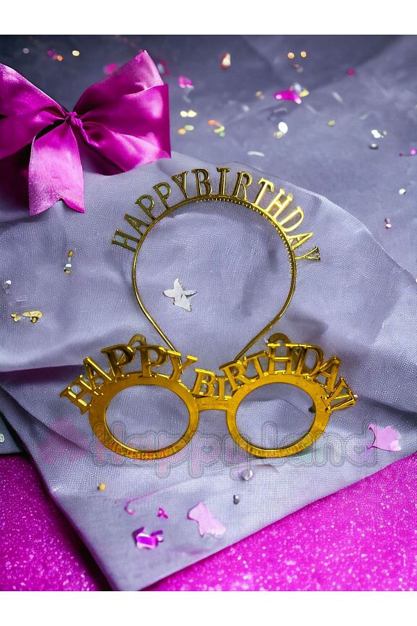 Happy Birthday Tac Gözlük Seti Gold Renk Doğum Günü Parti Aksesuar Taç Gözlük
