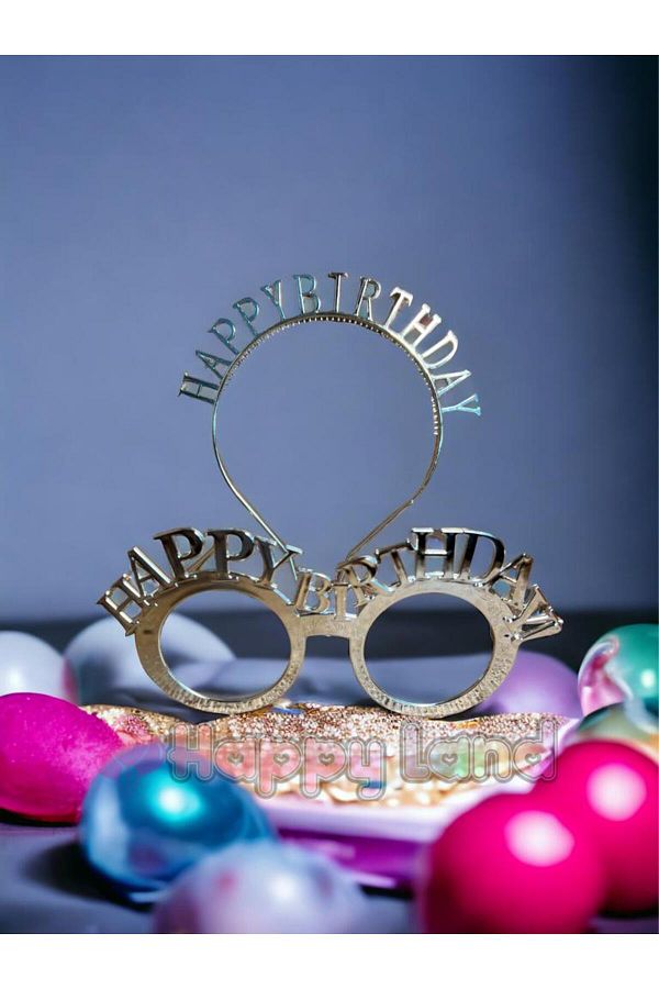 Happy Birthday Tac Gözlük Seti Gümüş Renk Doğum Günü Parti Aksesuar Taç Gözlük
