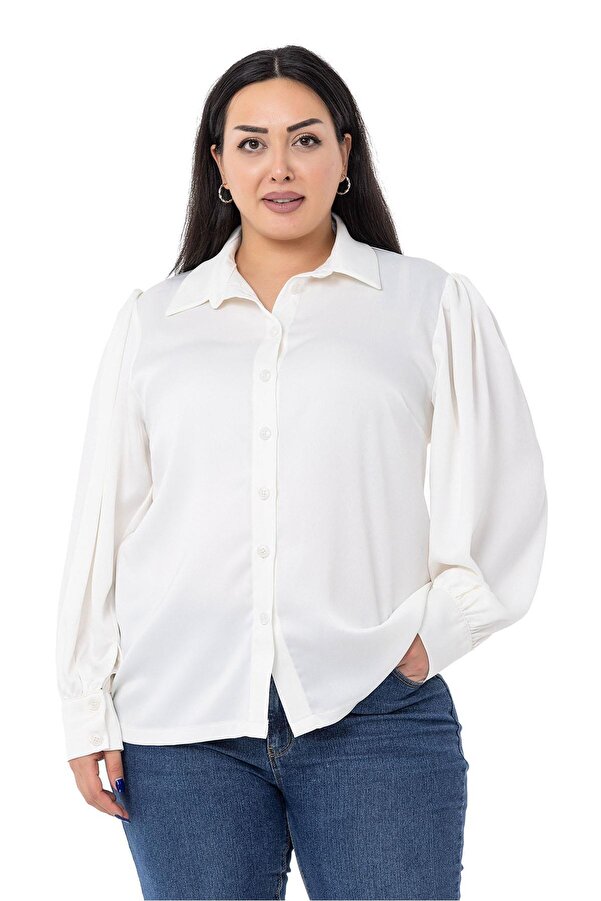Cuff & Sleeve Top Shirred Satin Shirt — White
