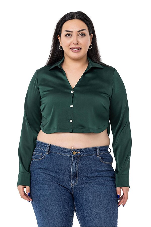 Satin Cuffed Cropped Shirt — Emerald