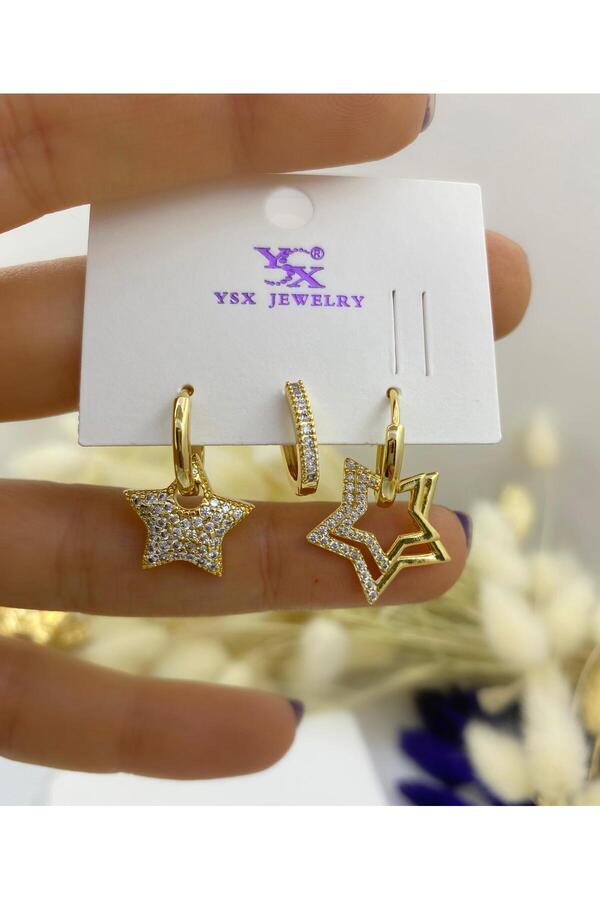 PASLANMAZ ÇELİK YSX 3 LÜ KOMBİN ZİRKON TAŞLI YILDIZLI AKALİTE SET KÜPE