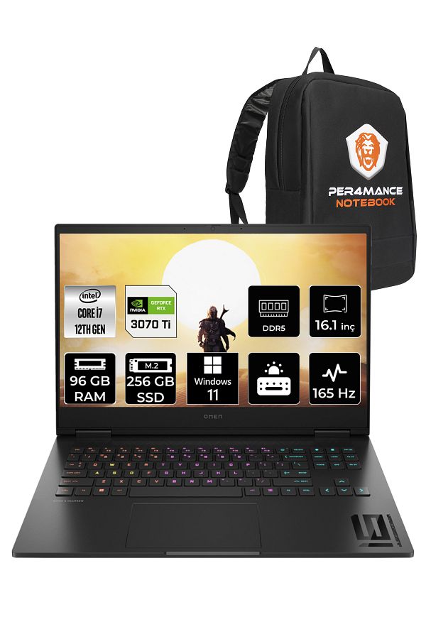 HP OMEN 16 i7-12700H 96GB RAM 256GB SSD RTX3070Ti/8GB 165HZ 16.1 QHD W11HOME 7H8Z5EA & PER4 ÇANTA