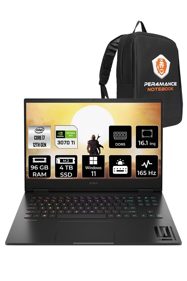 HP OMEN 16 i7-12700H 96GB RAM 2+2TB SSD RTX3070Ti/8GB 165HZ 16.1 QHD W11HOME 7H8Z5EA & PER4 ÇANTA