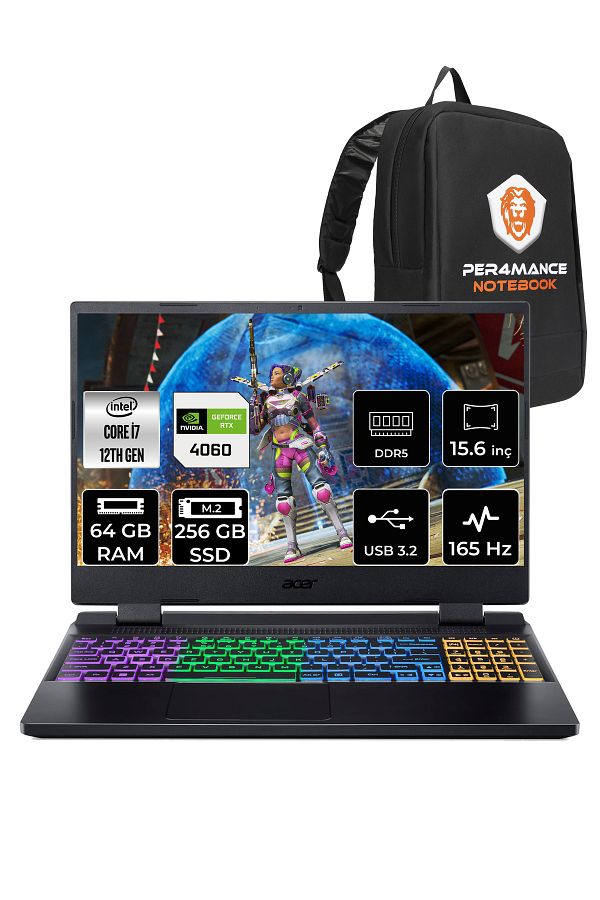 ACER Nitro 5 i7 12700H 64GB 256GB SSD RTX4060/8GB 165HZ 15.6" FHD FDOS NH.QM0EY.002 & PER4 ÇANTA