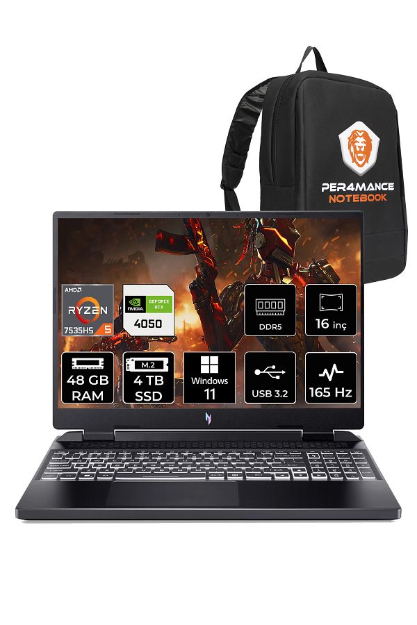 ACER Nitro 16 R5 7535HS 48GB 4TB SSD RTX4050/6GB 165HZ 16'' WUXGA W11H NH.QKBEY.003 & PER4 ÇANTA