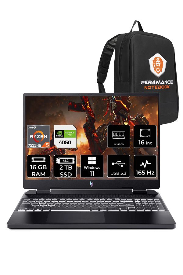 ACER Nitro 16 R5 7535HS 16GB 2TB SSD RTX4050/6GB 165HZ 16'' WUXGA W11P NH.QKBEY.003 & PER4 ÇANTA