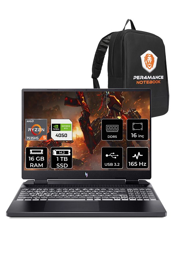 ACER Nitro 16 R5 7535HS 16GB 1TB SSD RTX4050/6GB 165HZ 16'' WUXGA FDOS NH.QKBEY.003 & PER4 ÇANTA