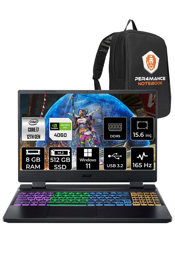 ACER Nitro 5 i7 12700H 8GB 512GB SSD RTX4060/8GB 165HZ 15.6" FHD W11H NH.QM0EY.002 & PER4 ÇANTA