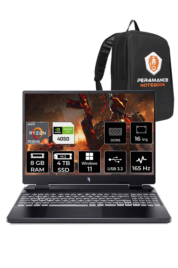 ACER Nitro 16 R5 7535HS 8GB 4TB SSD RTX4050/6GB 165HZ 16'' WUXGA W11P NH.QKBEY.003 & PER4 ÇANTA