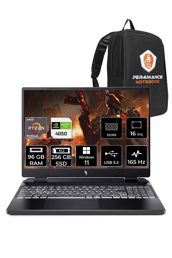 ACER Nitro 16 R5 7535HS 96GB 256GB SSD RTX4050/6GB 165HZ 16'' WUXGA W11H NH.QKBEY.003 & PER4 ÇANTA