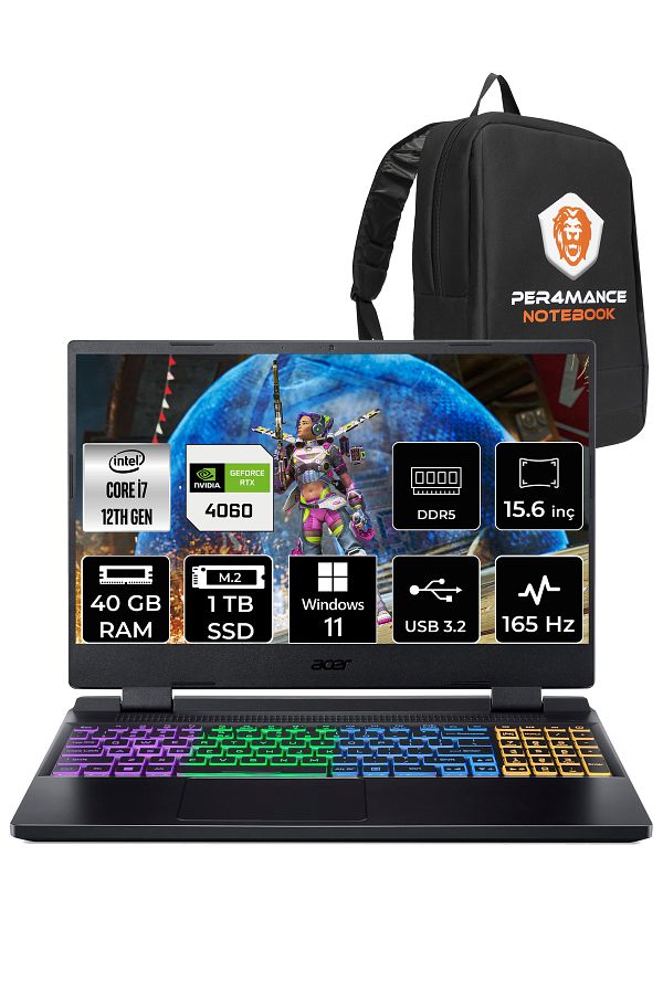 ACER Nitro 5 i7 12700H 40GB 1TB SSD RTX4060/8GB 165HZ 15.6" FHD W11P NH.QM0EY.002 & PER4 ÇANTA