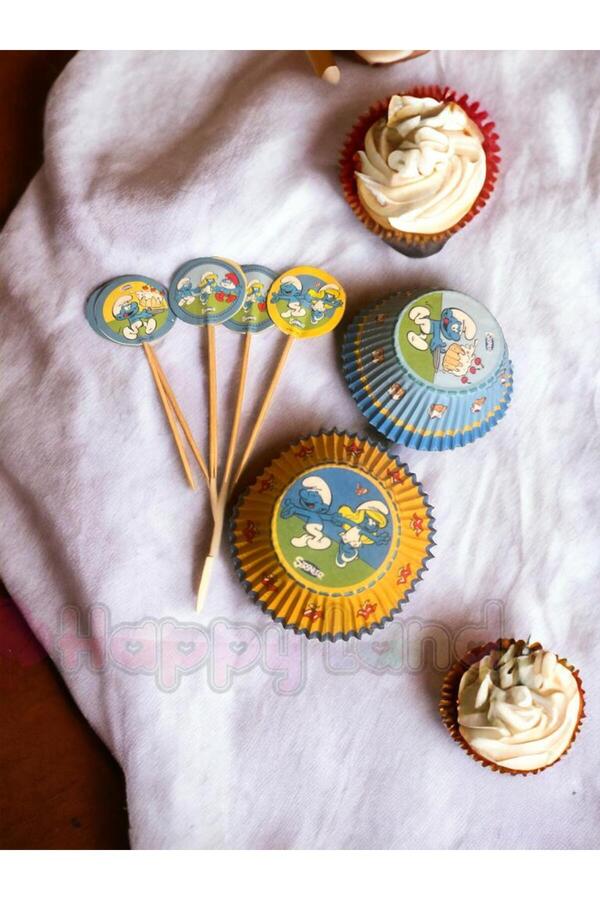 Şirinler Smurf Parti Seti Cupcake Seti 2 'li ( Kürdan ,Cupcake Kalıbı ) Doğum Günü Seti