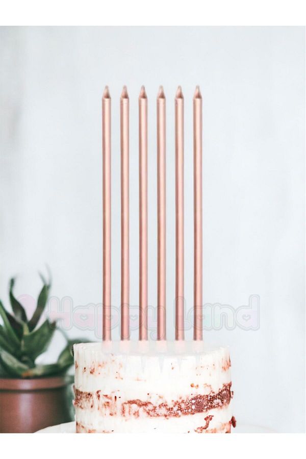 Rose Gold İnce Uzun Mum 6 Adet 20 Cm Doğum Günü PaSTA Mumu 20 cm