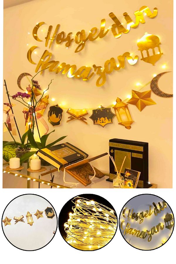 Ledli Hoşgeldin Ramazan Banner Yazı, Dekoratif Uzar Süs Ay Yıldız Kuran Mahya Cami Temalı Set 140cm