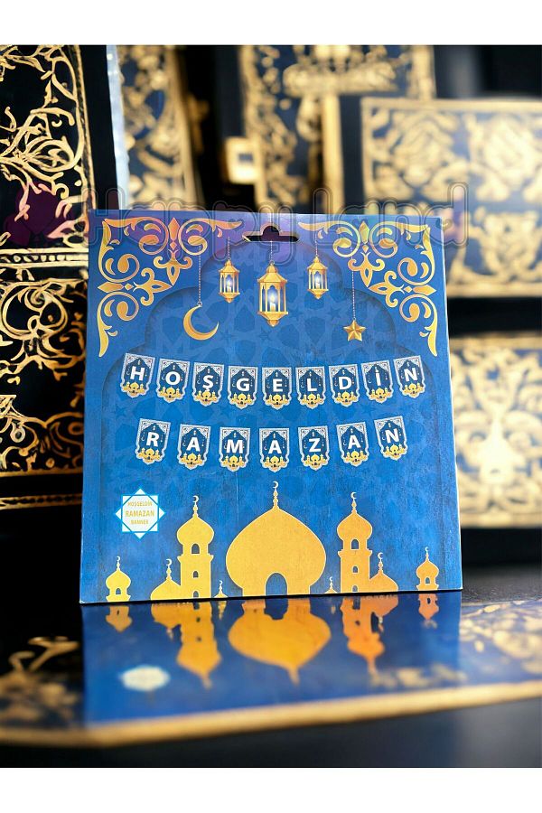 Hoşgeldin Ramazan Yazılı Zikzak Banner Koyu Mavi Gold Renkli 250x17 Cm Ramazan Ayı Süs