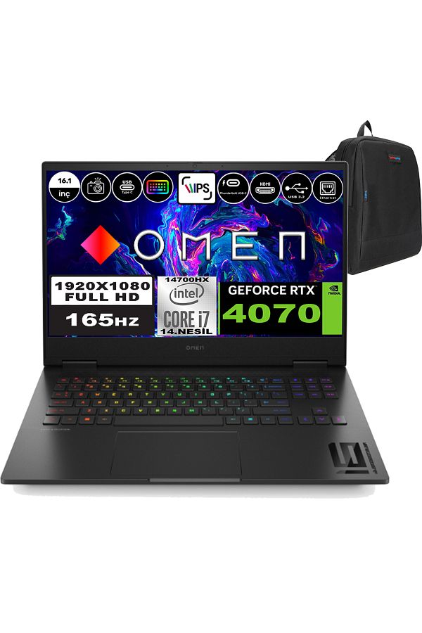 HP Omen 16-WF1020NT I7 14700HX 32GB 2tb SSD 8gb RTX4070 16.1" FHD 165HZ FDOS 9J1Y9EAF02 +ZETTAÇANTA