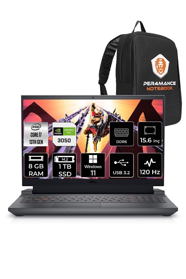 Dell G15 5530 i7 13650HX 8GB 1TB SSD RTX3050/6GB 120HZ 15.6'' FHD W11H G55302401005U & PER4 ÇANTA