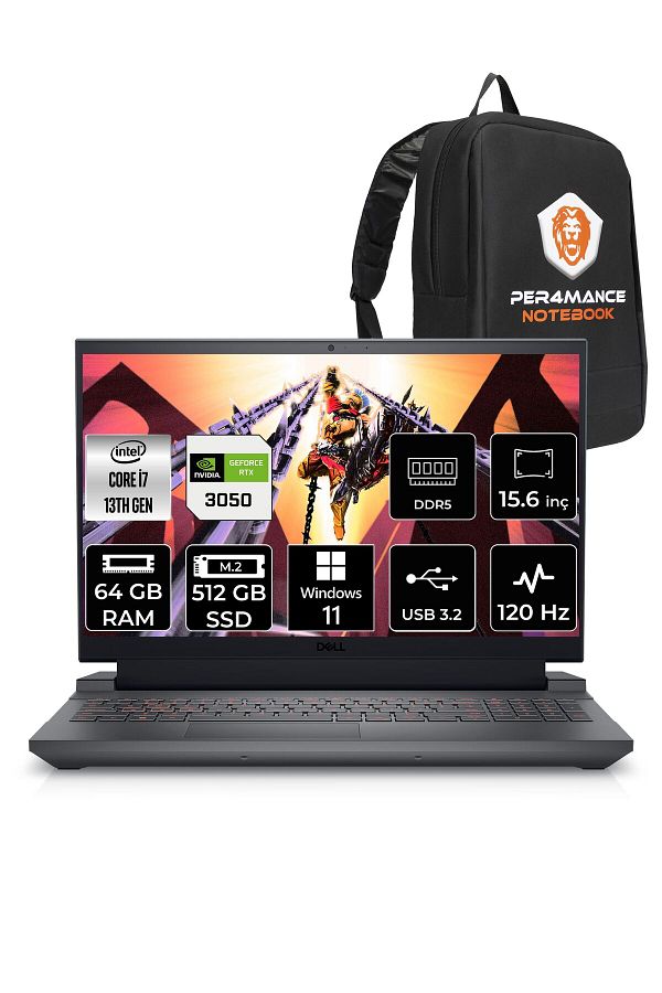 Dell G15 5530 i7 13650HX 64GB 512GB SSD RTX3050/6GB 120HZ 15.6'' FHD W11H G55302401005U & PER4 ÇANTA